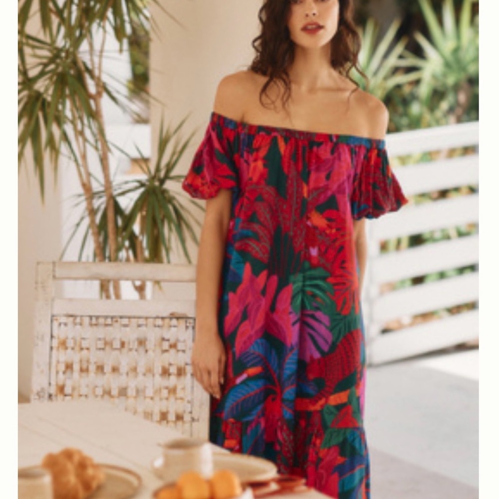 Anthropologie Farm Rio Animal Print Tropical Off-Shoulder Dress - Small